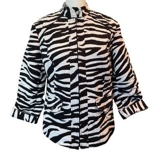 Chicos Zebra Print Full Zip Jacket Black White Red Lining Mock Neck Size 8/10 M